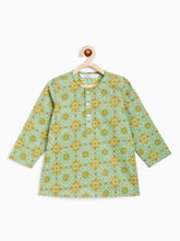 Load image into Gallery viewer, Campana Boys Bansi Pure Cotton Striped &amp; Floral Dhoti Kurta Set - Green &amp; Mustard
