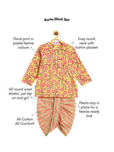 Load image into Gallery viewer, Campana Boys Bansi Pure Cotton Anaar Print Dhoti Kurta Set - Yellow &amp; Peach
