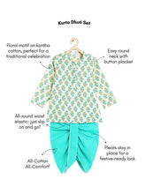 Load image into Gallery viewer, Campana Boys Bansi Pure Cotton Kantha Block Print Dhoti Kurta Set - White &amp; Turquoise
