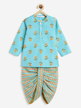 Load image into Gallery viewer, Campana Boys Bansi Pure Cotton Floral Print Dhoti Kurta Set - Blue &amp; Mustard
