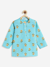 Load image into Gallery viewer, Campana Boys Bansi Pure Cotton Floral Print Dhoti Kurta Set - Blue &amp; Mustard
