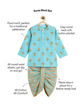Load image into Gallery viewer, Campana Boys Bansi Pure Cotton Floral Print Dhoti Kurta Set - Blue &amp; Mustard
