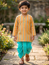 Load image into Gallery viewer, Campana Boys Bansi Pure Cotton Striped Dhoti Kurta Set - Mustard &amp; Turquoise Blue
