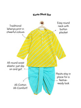Load image into Gallery viewer, Campana Boys Bansi Pure Cotton Leheriya Print Dhoti Kurta Set - Yellow &amp; Turquoise
