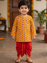 Load image into Gallery viewer, Campana Boys Pure Cotton Floral Blockprint Dhoti Kurta Set - Mustard &amp; Maroon
