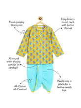 Load image into Gallery viewer, Campana Boys Pure Cotton Paisley Blockprint Dhoti Kurta Set - Light Yellow &amp; Light Blue
