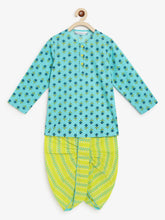 Load image into Gallery viewer, Campana Boys Bansi Dhoti Kurta Set - Small Block Print - Turquoise &amp; Lime Green
