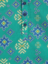 Load image into Gallery viewer, Campana Boys Bansi Dhoti Kurta Set - Geometric Ikkat Print - Sea Green &amp; Blue
