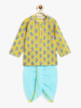 Load image into Gallery viewer, Campana Boys Bansi Dhoti Kurta Set - Paisley Block Print - Yellow &amp; Turquoise
