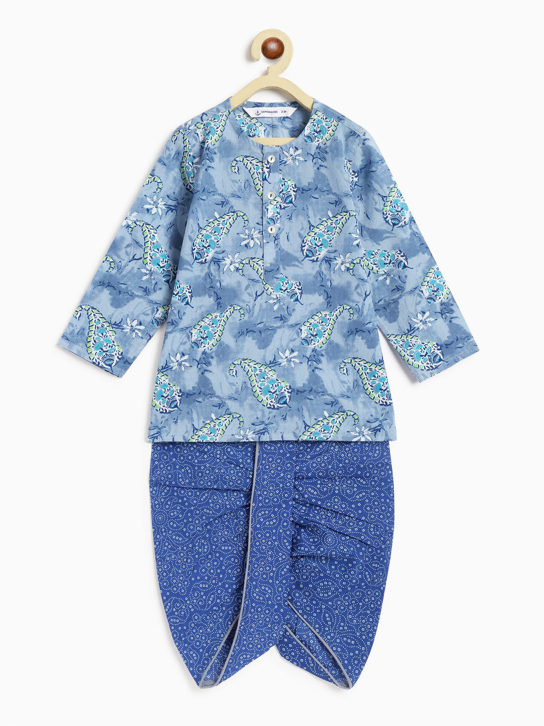 Campana Boys Bansi Dhoti Kurta Set - Paisley Print - Blue & Grey