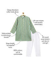 Load image into Gallery viewer, Campana Boys Palash Kurta Pyjama Set - Kantha Stripes - Aqua Blue &amp; White
