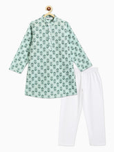 Load image into Gallery viewer, Campana Boys Palash Kurta Pyjama Set - Block Print - Sea Green &amp; White
