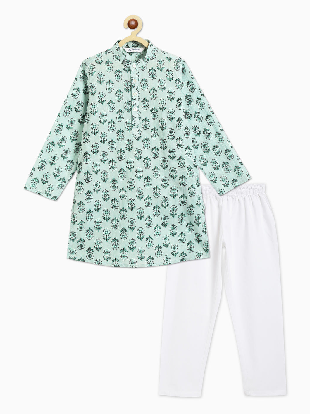 Campana Boys Palash Kurta Pyjama Set - Block Print - Sea Green & White