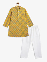 Load image into Gallery viewer, Campana Boys Palash Kurta Pyjama Set - Parijat Motif - Mustard
