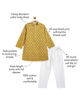 Load image into Gallery viewer, Campana Boys Palash Kurta Pyjama Set - Parijat Motif - Mustard
