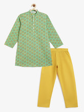 Load image into Gallery viewer, Campana Boys Palash Pure Cotton Striped Floral Print Kurta Pyjama Set - Green &amp; Mustard
