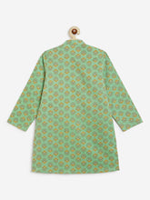 Load image into Gallery viewer, Campana Boys Palash Pure Cotton Striped Floral Print Kurta Pyjama Set - Green &amp; Mustard
