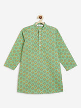 Load image into Gallery viewer, Campana Boys Palash Pure Cotton Striped Floral Print Kurta Pyjama Set - Green &amp; Mustard

