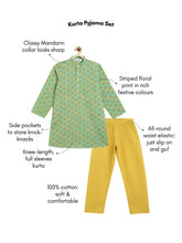Load image into Gallery viewer, Campana Boys Palash Pure Cotton Striped Floral Print Kurta Pyjama Set - Green &amp; Mustard
