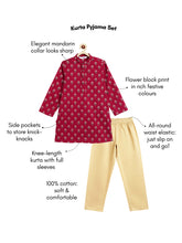 Load image into Gallery viewer, Campana Boys Palash Pure Cotton Floral Blockprint Kurta Pyjama Set - Maroon &amp; Beige
