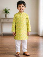 Load image into Gallery viewer, Campana Boys Palash Pure Cotton Jaal Print Kurta Pyjama Set - Lime &amp; Turquoise
