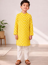 Load image into Gallery viewer, Campana Boys Palash Pure Cotton Blockprint &amp; Kanthawork Kurta Pyjama Set - Yellow &amp; White
