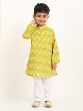 Load image into Gallery viewer, Campana Boys Palash Kurta Pyjama Set - Round Flower Print - Mustard, Teal &amp; White
