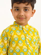Load image into Gallery viewer, Campana Boys Palash Kurta Pyjama Set - Round Flower Print - Mustard, Teal &amp; White
