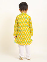 Load image into Gallery viewer, Campana Boys Palash Kurta Pyjama Set - Round Flower Print - Mustard, Teal &amp; White
