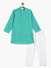 Load image into Gallery viewer, Campana Boys Palash Kurta Pyjama Set - Petit Paisley Print - Turquoise &amp; White
