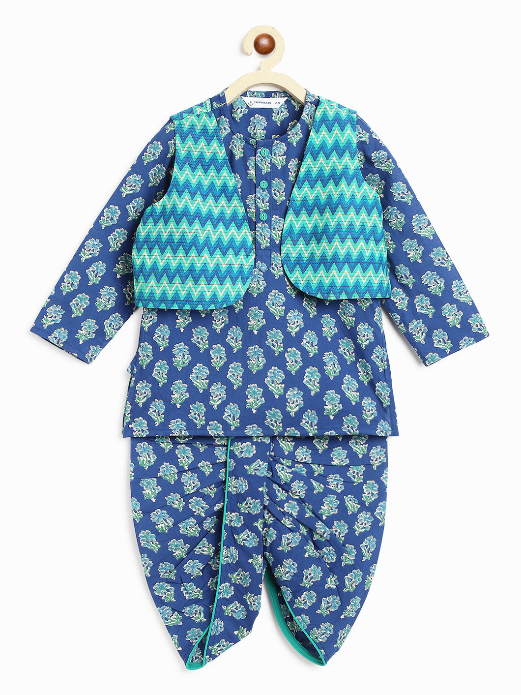 Campana Boys Mahiya Dhoti Kurta with Jacket Set - Block Print & Chevron - Ink Blue & Sea Green
