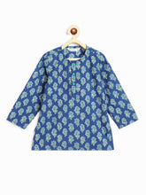 Load image into Gallery viewer, Campana Boys Mahiya Dhoti Kurta with Jacket Set - Block Print &amp; Chevron - Ink Blue &amp; Sea Green
