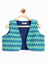 Load image into Gallery viewer, Campana Boys Mahiya Dhoti Kurta with Jacket Set - Block Print &amp; Chevron - Ink Blue &amp; Sea Green
