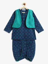 Load image into Gallery viewer, Campana Boys Mahiya Dhoti Kurta with Jacket Set - Sparkles Print - Blue &amp; Green
