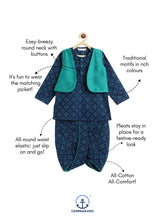Load image into Gallery viewer, Campana Boys Mahiya Dhoti Kurta with Jacket Set - Sparkles Print - Blue &amp; Green
