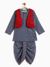 Load image into Gallery viewer, Campana Boys Mahiya Dhoti Kurta with Jacket Set - Floral Print - Blue &amp; Red
