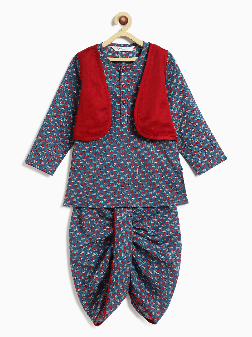 Campana Boys Mahiya Dhoti Kurta with Jacket Set - Floral Print - Blue & Red