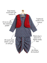 Load image into Gallery viewer, Campana Boys Mahiya Dhoti Kurta with Jacket Set - Floral Print - Blue &amp; Red
