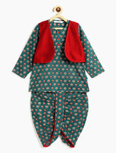 Load image into Gallery viewer, Campana Boys Mahiya Cotton Dhoti Kurta with Jacket Set - Floral Print - Teal Green &amp; Maroon

