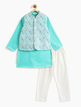 Load image into Gallery viewer, Campana Boys Nishant Kurta Pyjama with Jacket Set - Sequin Embroidery - Light Blue &amp; White
