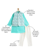 Load image into Gallery viewer, Campana Boys Nishant Kurta Pyjama with Jacket Set - Sequin Embroidery - Light Blue &amp; White
