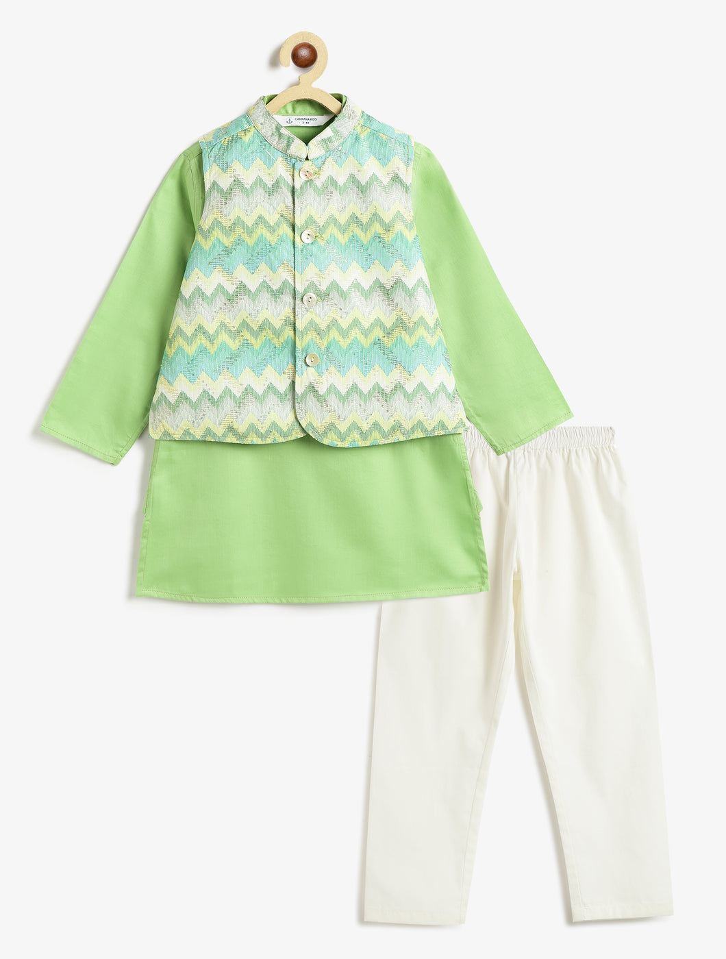 Campana Boys Nishant Cotton Kurta Pyjama with Embroidered Jacket Set - Pista Green