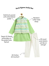Load image into Gallery viewer, Campana Boys Nishant Cotton Kurta Pyjama with Embroidered Jacket Set - Pista Green
