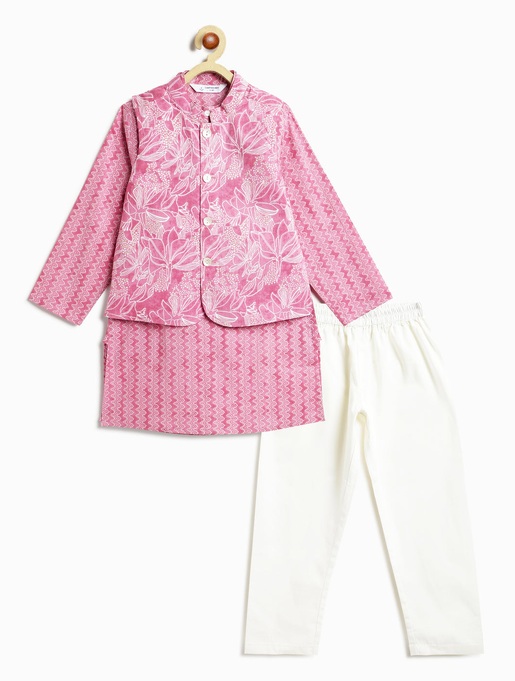 Campana Boys Nishant Kurta Pyjama with Jacket Set - Floral & Geometric Print - Light Purple
