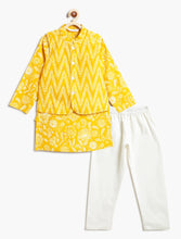 Load image into Gallery viewer, Campana Boys Nishant Kurta Pyjama with Jacket Set - Floral &amp; Leaf Zigzag Print - Yellow
