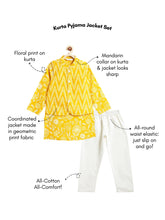 Load image into Gallery viewer, Campana Boys Nishant Kurta Pyjama with Jacket Set - Floral &amp; Leaf Zigzag Print - Yellow
