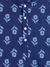 Load image into Gallery viewer, Campana Boys Nishant Pure Cotton Printed Kurta Pyjama with Jacket Set - Navy Blue &amp; Whitewith Jacket Set - Floral &amp; Leaf Zigzag Print - Yellow (Copy)
