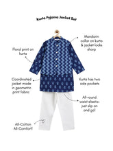 Load image into Gallery viewer, Campana Boys Nishant Pure Cotton Printed Kurta Pyjama with Jacket Set - Navy Blue &amp; Whitewith Jacket Set - Floral &amp; Leaf Zigzag Print - Yellow (Copy)
