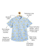 Load image into Gallery viewer, Campana Boys Mandarin Collar Short Sleeve Cotton Shirt - Busy Cars Print - Sky Blue
