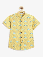 Load image into Gallery viewer, Campana Boys Mandarin Collar Short Sleeve Cotton Shirt - Busy Cars Print - Yellow
